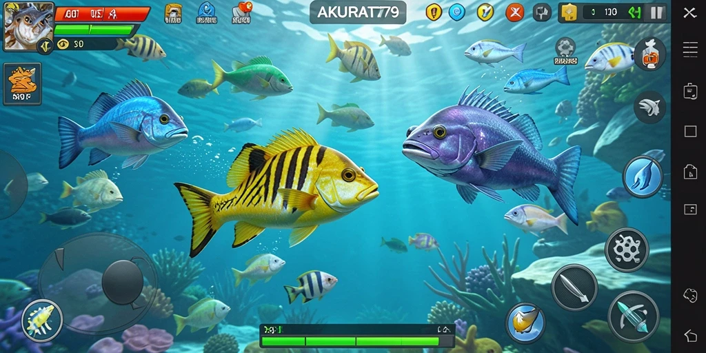 Screenshot gameplay Tembak Ikan AKURAT79 yang penuh warna.