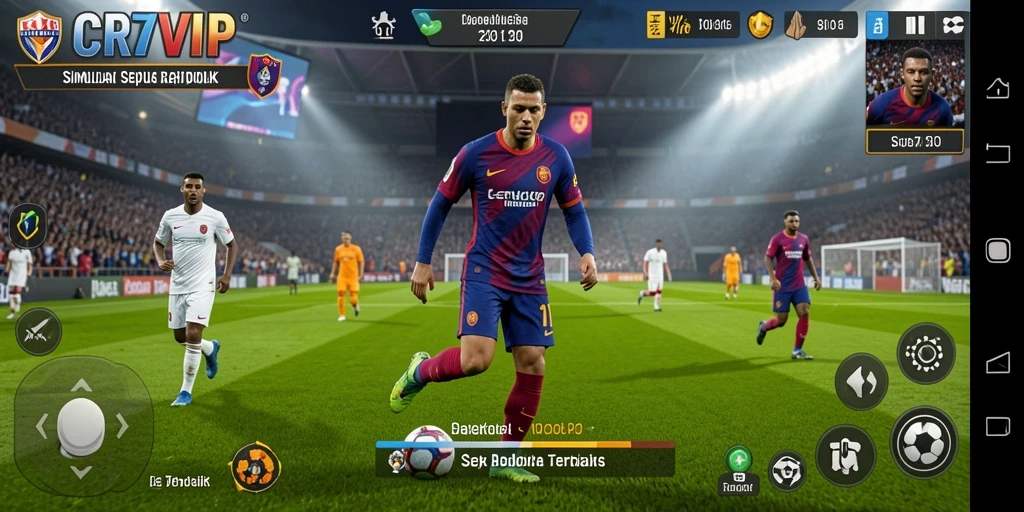 Tangkapan layar utama CR7VIP menunjukkan aksi seru di lapangan sepak bola.
