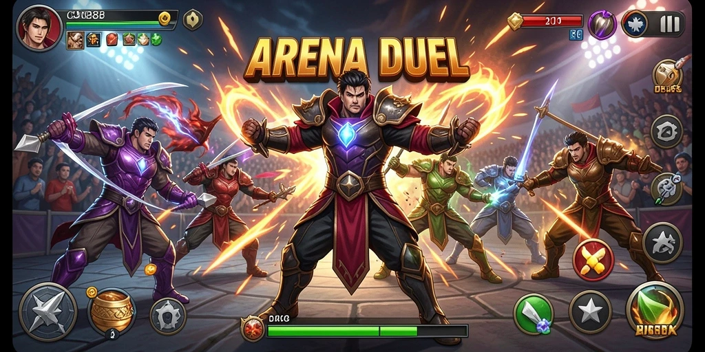 Screenshot utama menunjukkan pertarungan intens karakter di arena.