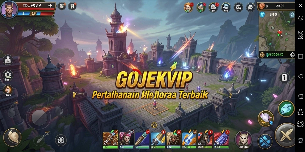 Screenshot gameplay GOJEKVIP menampilkan serangan menara yang memukau.